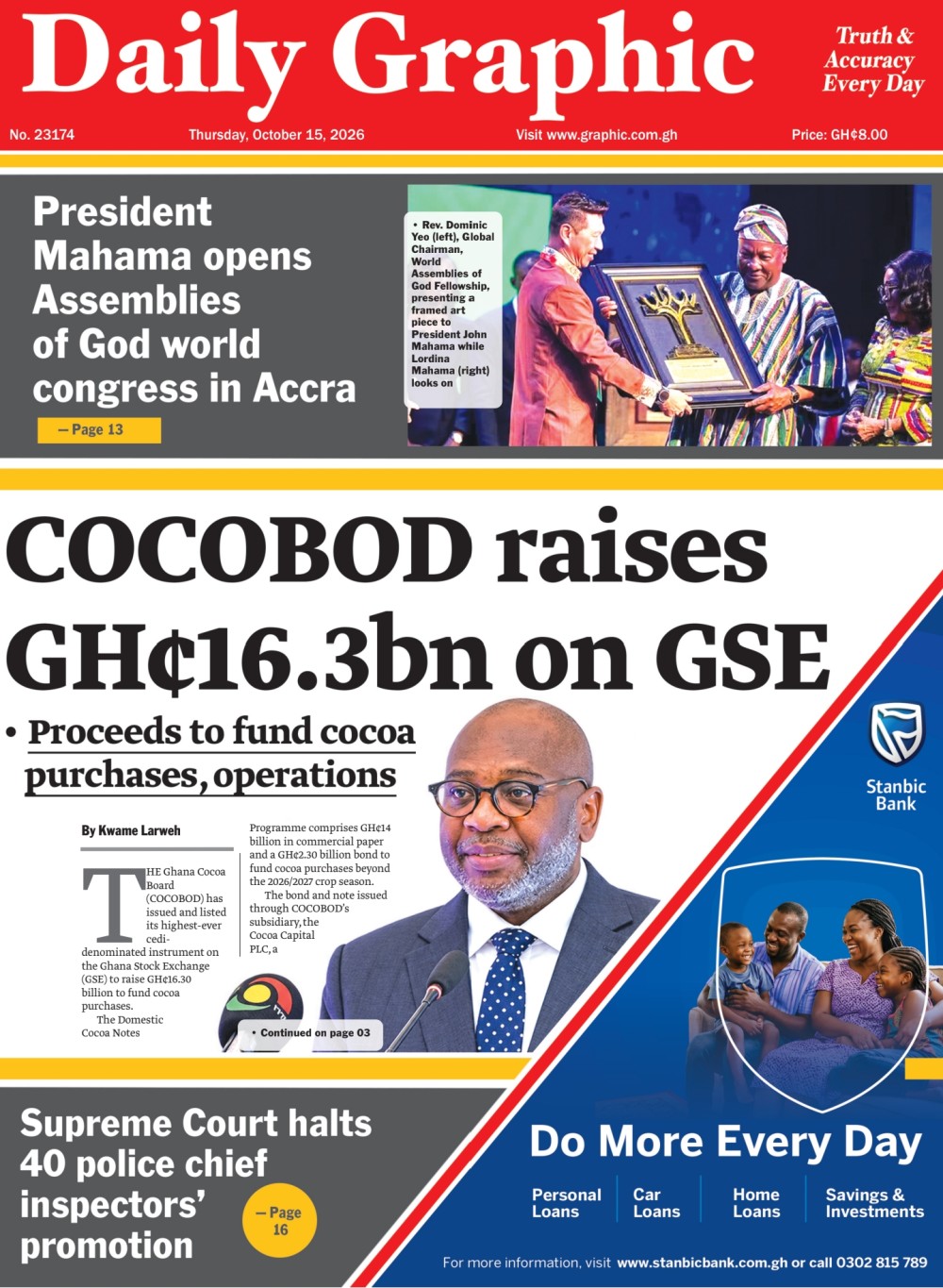 Newspaper headlines: Thursday, October 15, 2026